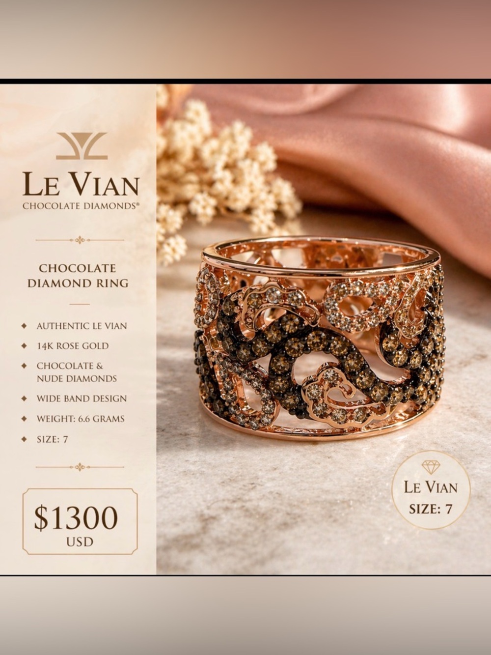 Authentic Le Vian Chocolate Diamond Ring 14K Rose Gold Wide Band Size 7 - Picture 3 of 3